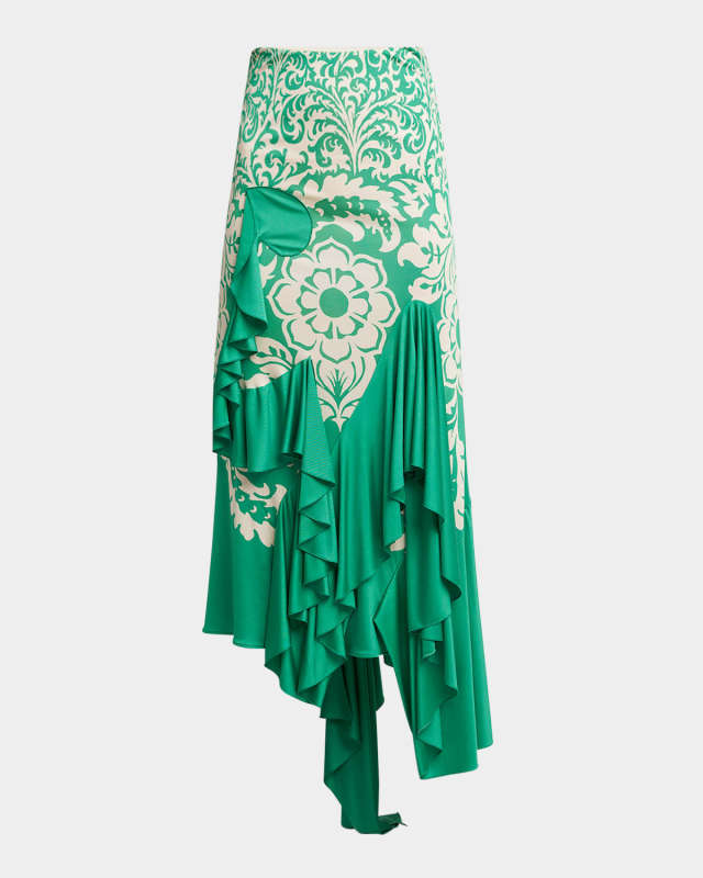 Printed Draped Ruffle Maxi Skirt